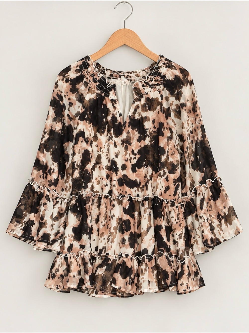 Boho Beige and Brown Printed Ruffle Tiered Tunic